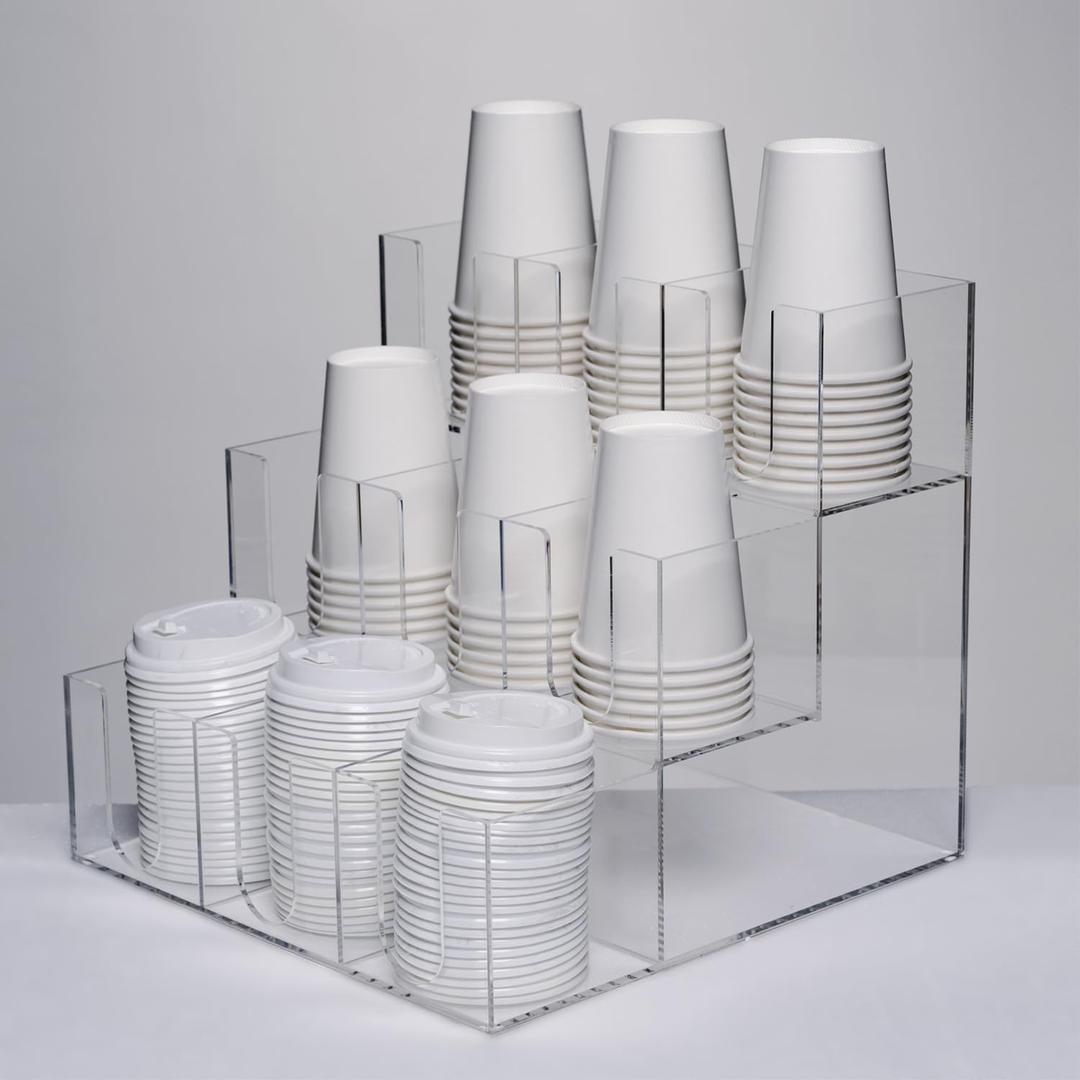 CiaoHER Acylic Coffee Cup and Lid Dispenser with 9 Compartments, Counter Top for Coffee Station to Organize Disposable Cups, for Home or Office Use (Clear)