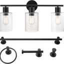 Globe Electric 51851 5-Piece All-in-One Bathroom Set, Matte Black, 3-Light Vanity Light with Seeded Glass Shades, Towel Bar, Towel Ring, Robe Hook, Toilet Paper Holder, Bathroom Lights Over Mirror
