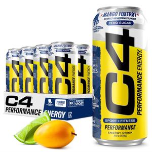 Cellucor C4 Performance Energy Drink | Zero Sugar Carbonated Preworkout Energy | 200mg Caffeine with Beta Alanine | Mango Foxtrot | 16 Fl Oz (12 Pack), Best By: Aug 2025