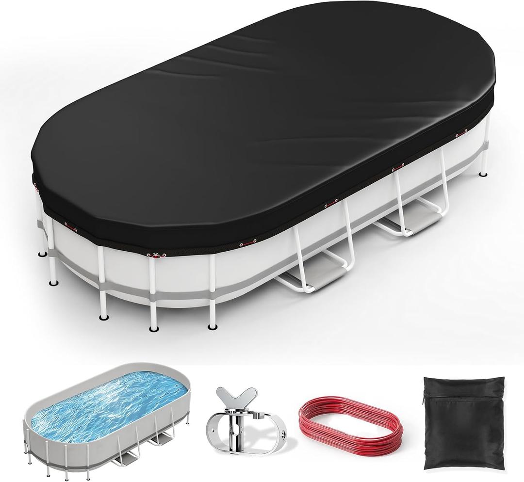 Oval Pool Cover 12 x 20 FT, Upgraded 420D Heavy Duty Oxford Fabric Pool Covers for Above Ground Pool with Winch and Cable, All Season Inflatable Pool Cover for UV Resistant, Waterproof and Dustproof