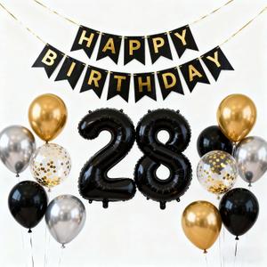 28th Birthday Decoration-28 Years Anniversary Party Balloons, Banner, Black Metallic Silver Gold Latex Confetti Balloons for Men Women Cheers to 28 Birthday Party(28th)
