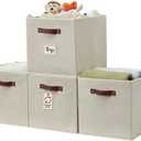 DECOMOMO Storage Baskets, 13x15x13 Storage Cube Bins with Labels for Organizing Shelves Kallax (Kallax / 4pcs, Beige)