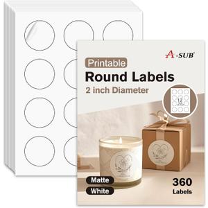 A-SUB 2" Round Label Stickers for Inkjet or Laser Printer, Matte White, 360 Printable Circle Stickers for Custom Logo, Thank You Labels