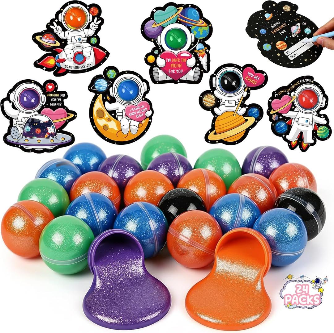 Seenelling 24 Pack Kids Valentines Day Gifts for Galaxy Clay Putty Ball Kits with Greeting Cards Space-themed Party Favors for Boy Girl Gift Exchange & Classroom Rewards(Multicolor)