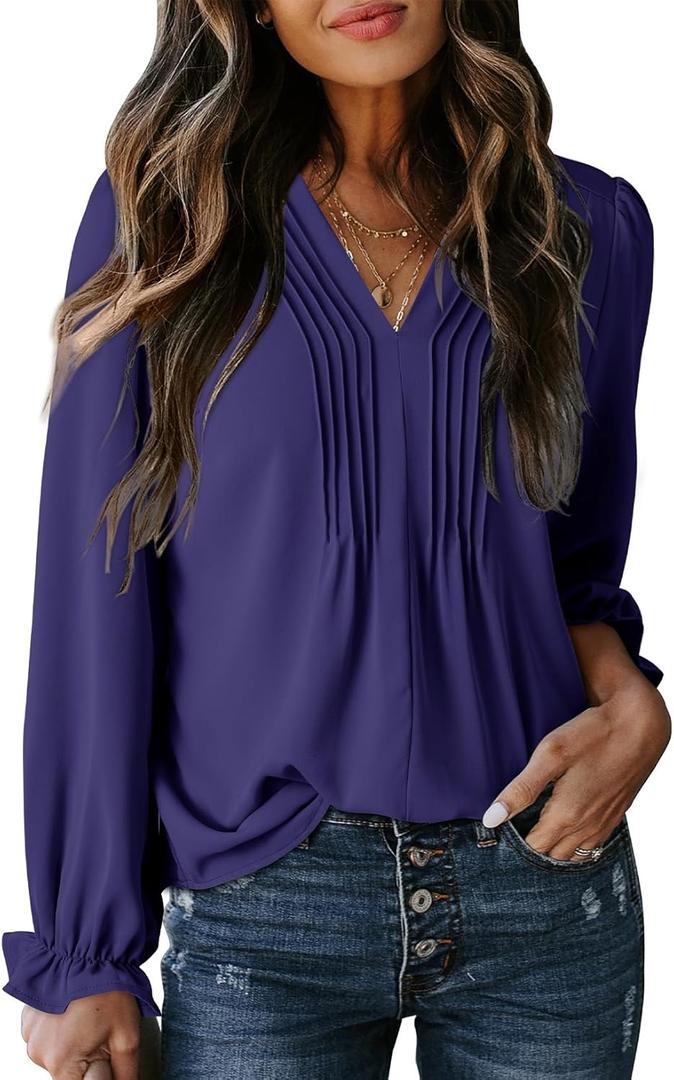Dokotoo Womens Tops Casual Pleated V Neck Puff Long Sleeve T Shirts Loose Tunic Business Blouse (Blue, XXL)