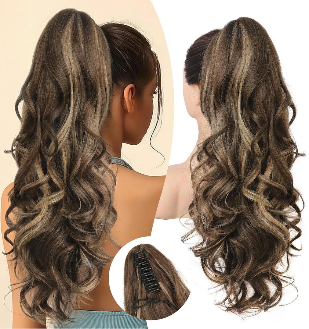 Earfodo Ponytail Extension, 24" Long Curly Wavy Claw Clip in Ponytail Hair Extensions, Jaw Clip on Pony Tails Fluffy Hairpiece for Women Daily Party Use