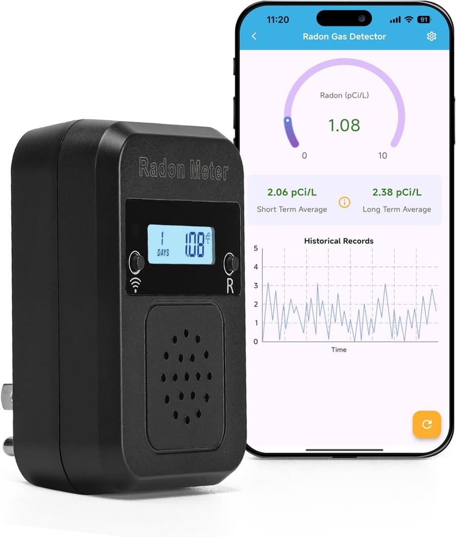 WiFi Home Radon Detector, Portable Radon Meter with Real-Time Short & Long-Term Monitoring, Socket Design and Instant Alert Notifications with App Control