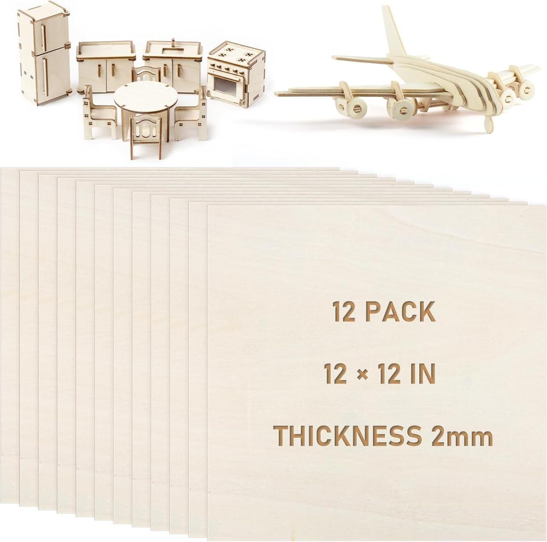 12 PCS Basswood Sheets, 1212 Inch 2 mm Plywood Sheets Unfinished Wood for Laser Cutting Thick Linden Square, Engraving, DIY Handicrafts, Painting and Carving