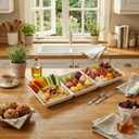 DELLING 16x5 Inch Ceramic 3-Section Serving Tray Set of 3, Stackable Divided Serving Platter - White Porcelain Appetizer Tray for Snack Food Dessert, Dishwasher Safe