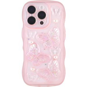 Compatible with iPhone 16 Pro,3D Butterfly Design Cute Kawaii Bling Frame Shape Soft Silicone Shockproof Protective Phone Cover for Women Girls Pink