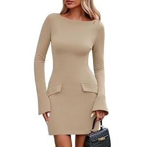 PRETTYGARDEN Womens Fall Long Sleeve Mini Dress 2025 Trendy Boat Neck Bodycon Knit Elegant Short Party Formal Dresses (Khaki, Small)