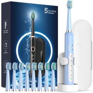 Rtauys M5 Sonic Electric Toothbrush for Adults and Kids - Rechargeable Electric Toothbrush Kids Ages 12+ and Adults with 8 Brush Heads & Travel Case, 120 Days Battery Life - Light Blue
