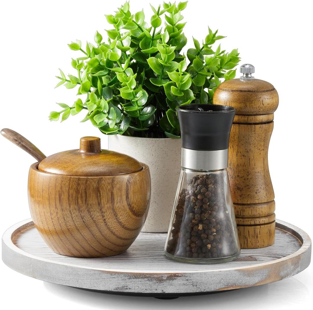 9" Wood Lazy Susan Turntable Organizer for Cabinet - Round Wooden Lazy Susan Organization and Storage for Pantry Table Kitchen Countertop Cupboard Coffee Bar Farmhouse Decor - White Washed Wood (9 Inch(1 Pack))