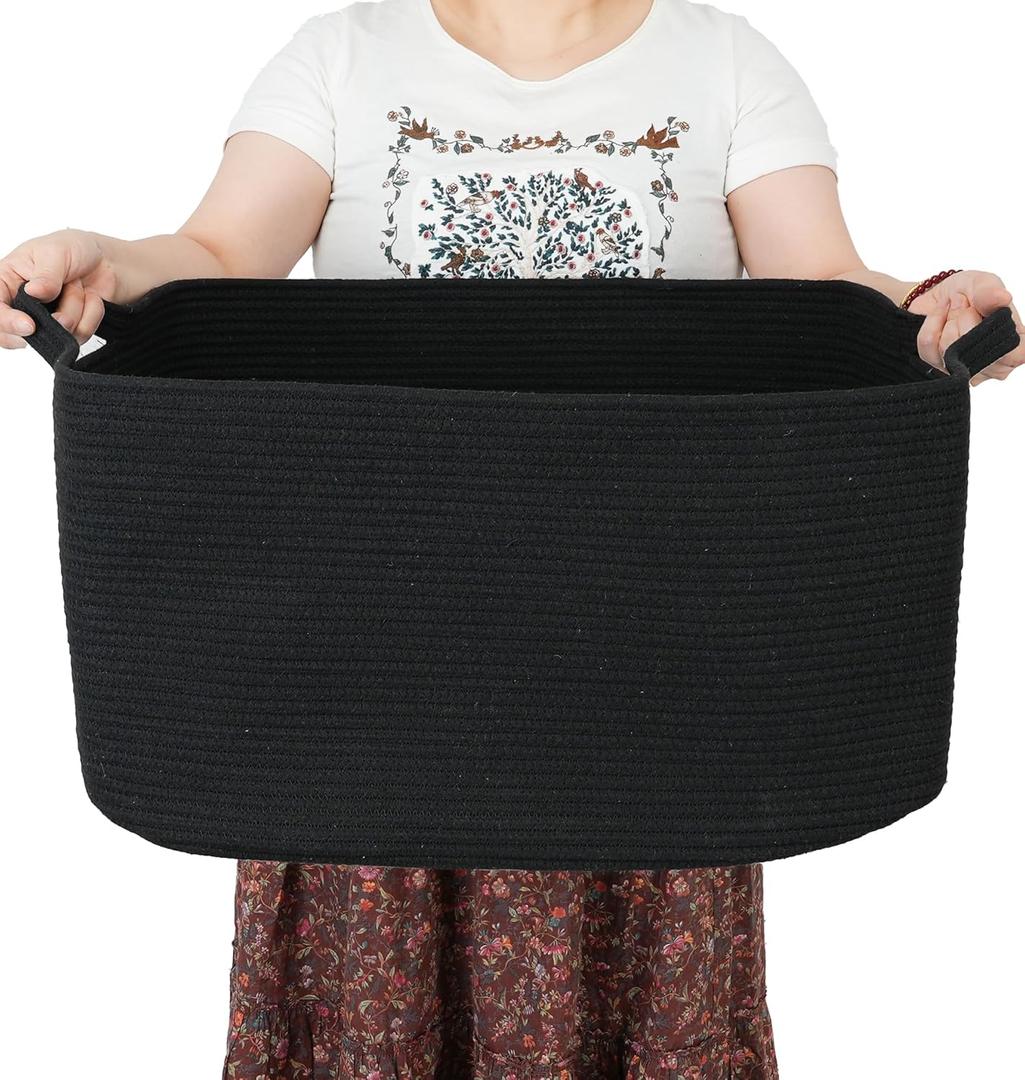 Large Rectangle Blankets Basket Living Room 22"x17"x12" Woven Cotton Rope Storage Baskets for Nursery Toy Baskets for Kids and Dogs Wicker Laundry Basket Bin for Clothes Towels, Black