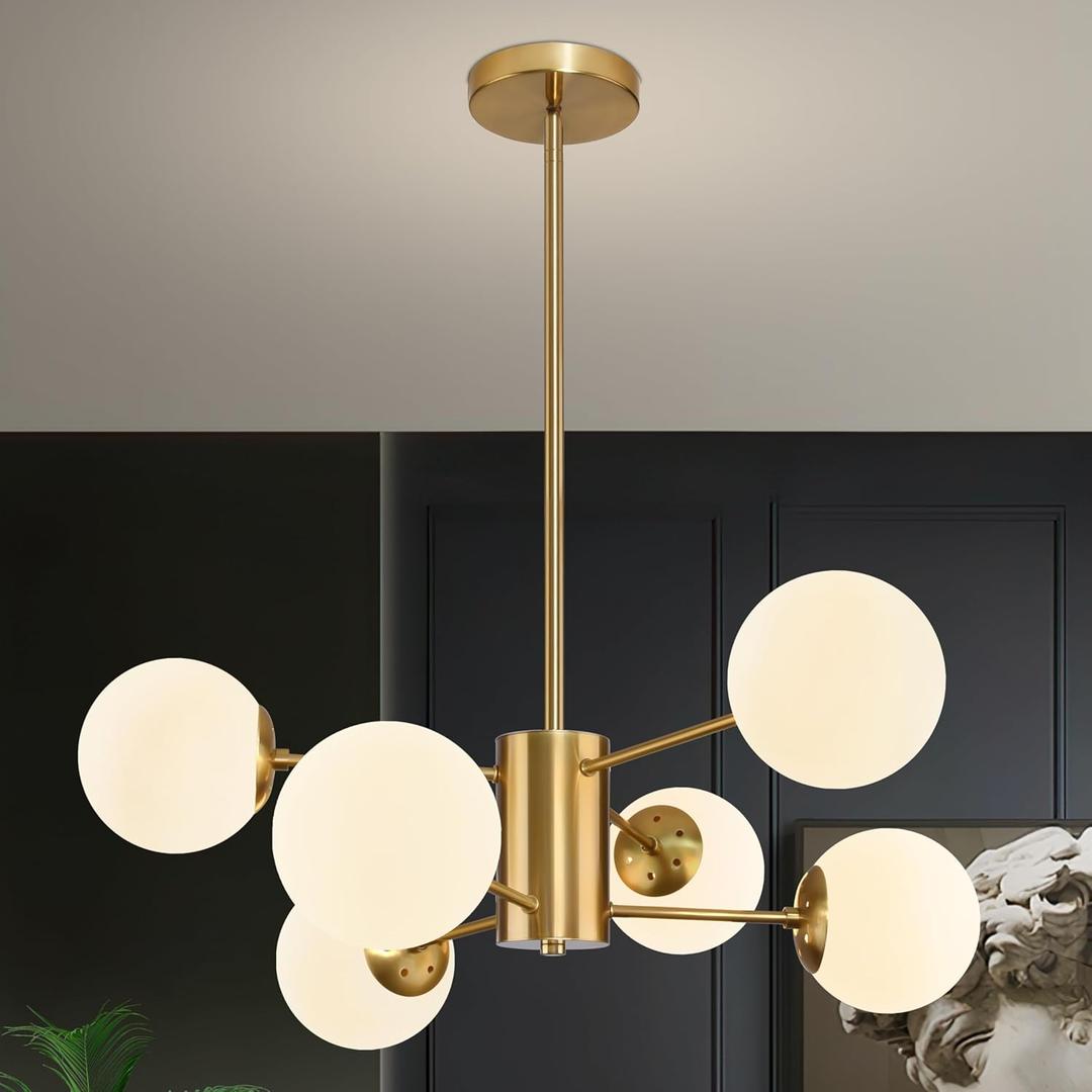 6-Light Globe Sputnik Chandelier Milk Glass Modern Gold Chandelier Light Fixture Mid Century Sputnik Chandeliers Pendant Light Frosted Globe Adjustable Hanging Ceiling Light for Entryway (Opal & Brass)