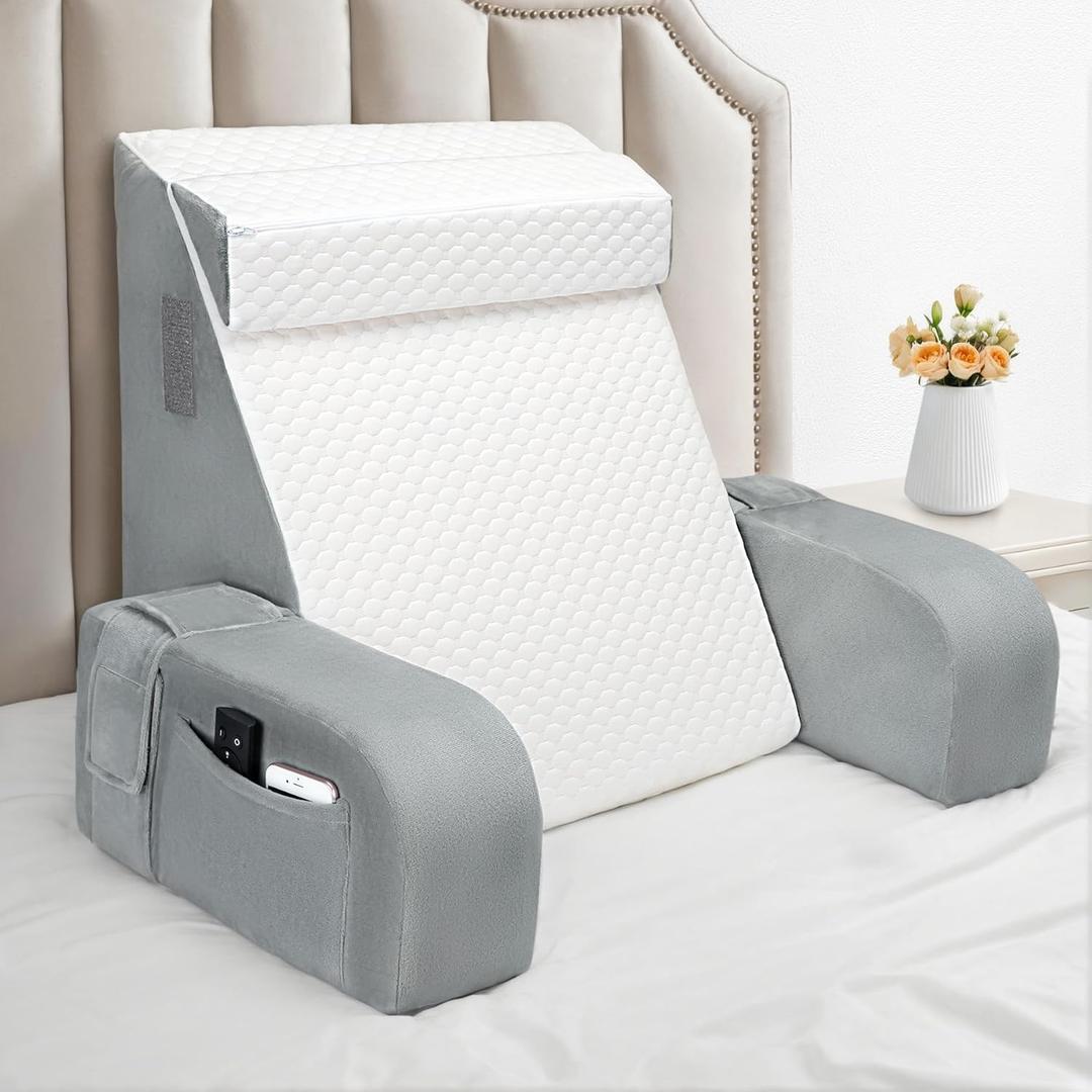 Reading Pillow for Sitting in Bed Adult, Back Pillow for Bed Sitting up, Back Support Pillow with Removable Armrests for Working Gaming/Resting on Couch or Floor(White/Gray)