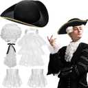 Zhanmai Founding Fathers Costume Colonial Style Tricorn Hat White Wig Lace Ruffled Tie and White Lace Cuffs Historical Colonial Outfit for Halloween Dress up Party