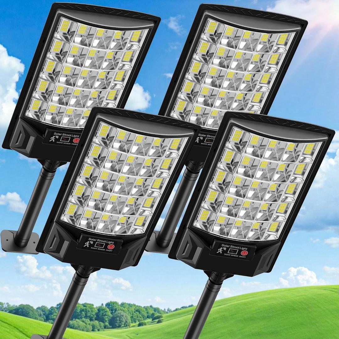 Solar Street Lights Outdoor, 6500K Outside Waterproof LED Street Light Dusk to Dawn, Wide Angle Lamps with Motion Sensor & Remote Control, Solar Lights Outdoor for Garden Yard, 4 Pack