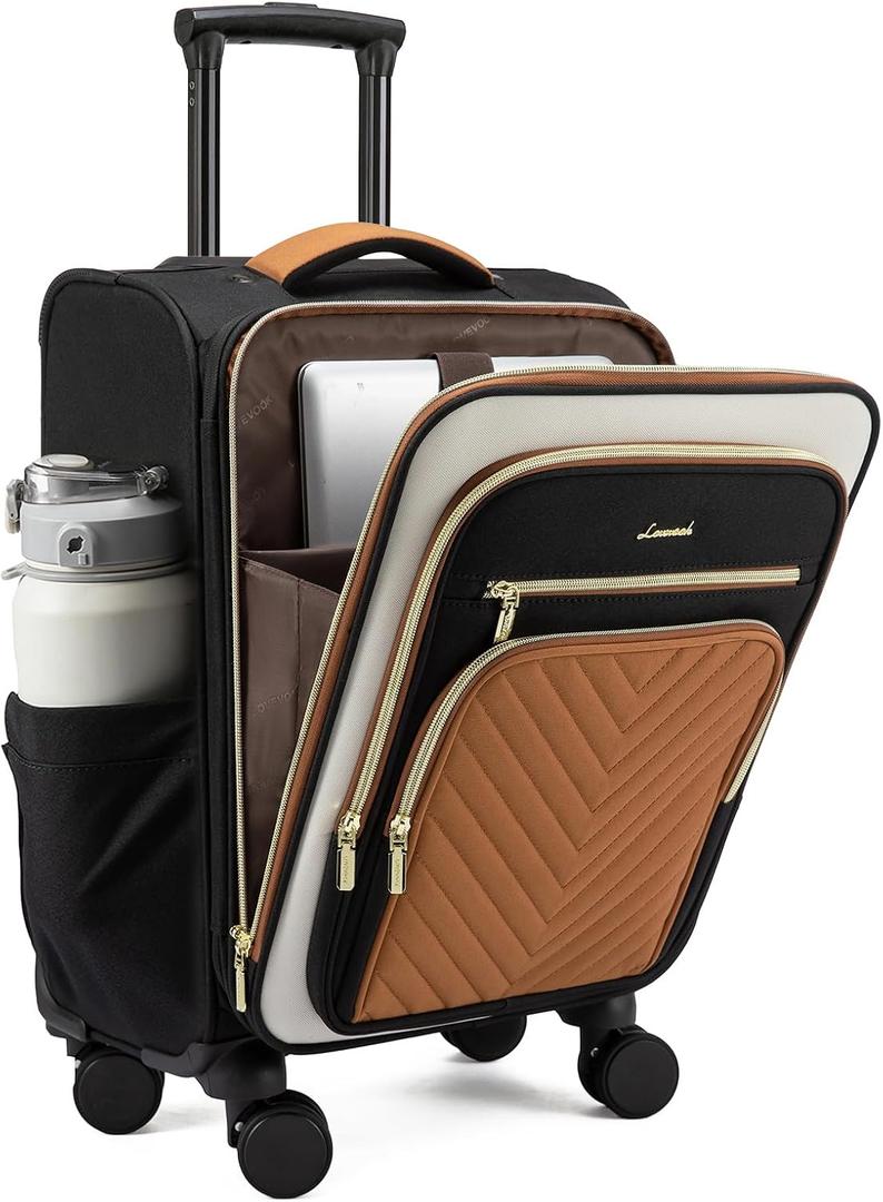 LOVEVOOK Carry On Luggage 22x14x9 Airline Approved,20 Inch Carry On Suitcases with Wheels,Softside Rolling Suitcase with TSA Lock for Women Men,Lightweight Travel luggage (Black/White/Brown-b)