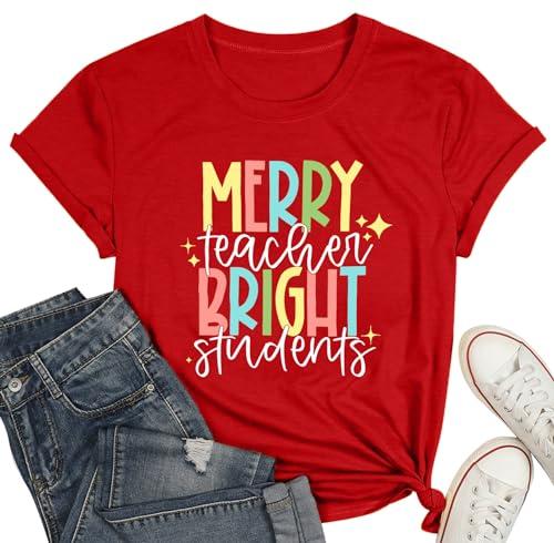 WEITUN Merry Teacher Bright Students Christmas Shirts Funny Xmas Tshirt Teachers Gift Tee Tops, 2XL