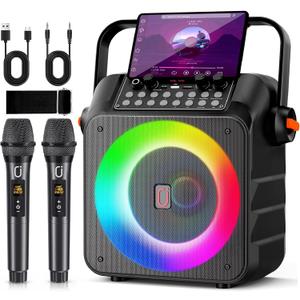 Karaoke Machine for Adults Kids: HWWR Portable Bluetooth Speaker with 2 Wireless Microphones, 6.5" Subwoofer, LED Lights, PA System with Karaoke Microphone Support REC/USB/AUX for Home Party (40Watt)