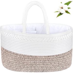 ABenkle X-Large Diaper Caddy Organizer, Boho Rustic Cotton Rope Nursery Baby Basket, Changing Table Organizer for Baby Diaper Storage and Baby Shower (White Mixed Brown)