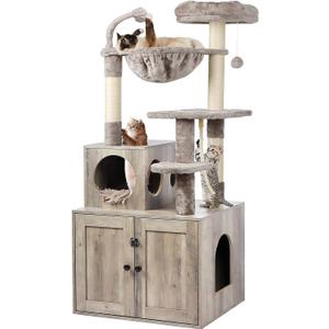 Cat Tree with Litter Box Enclosure, 2-in-1 Cat Tower for Indoor Cats, Large Wood Cat Condo with Basket, Scratching Posts, Pompoms, Grey