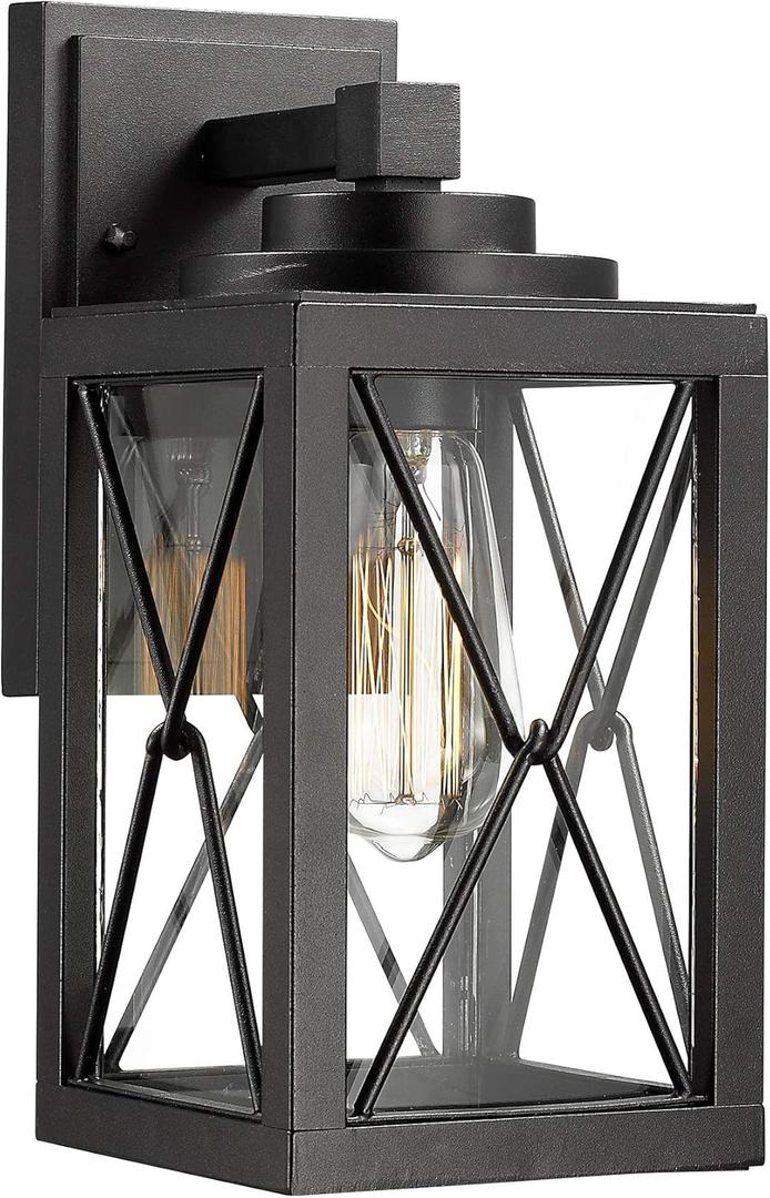 Emliviar Outdoor Wall Mount Light Fixture, Modern Exterior Wall Sconce in Black Finish with Clear Glass, 0387BK