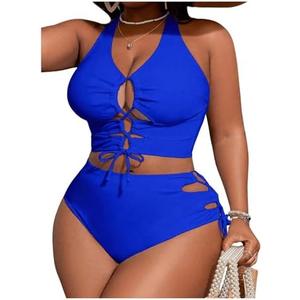SOLY HUX Women's Plus Size Bikini Set Sexy Swimsuit Lace Up Tummy Control 2 Piece Bathing Suit, 1XL
