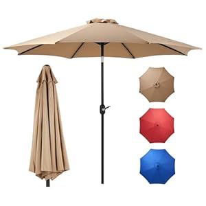 9FT Outdoor Patio Umbrella with Push Button Tilt and Crank, Waterproof Table Umbrella with 8 Sturdy Ribs, Pool Umbrella for Market, Beach, Garden, Deck, Backyard,Terrace, Restaurant (1 Pack,  Khaki)