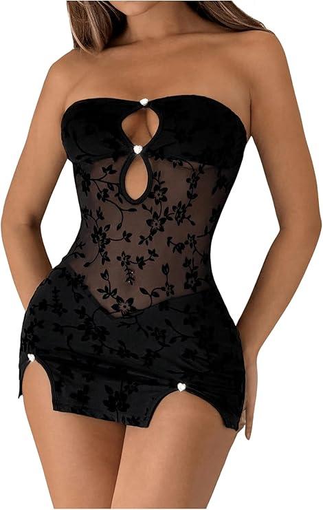 Milumia Women's Strapless Cut Out Mesh Sheer Tube Dress Sexy See Through Club Bodycon Mini Dresses Rave Concert, L