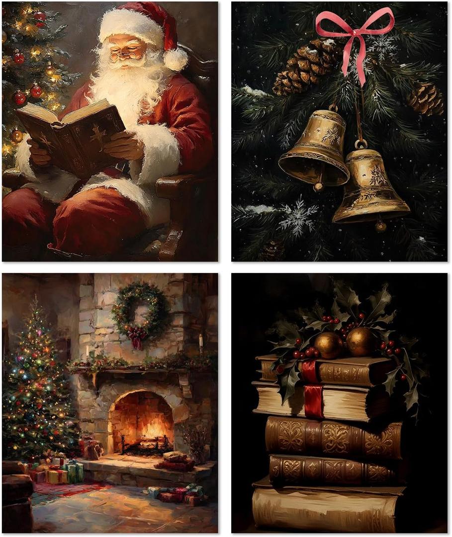 XUNLURY Vintage Moody Christmas Diamond Art Kits 4 Pcs, Dark Academia Santa Books Fireplace Xmas Bell Diamond Painting Kits for Adults Beginners, Full Drill Diamonds Dots for Home Decor, 9.8x11.8 Inch
