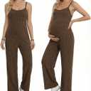 BLENCOT Maternity Ribbed Jumpsuit Sleeveless Square Neck Wide Leg Stretchy One Piece Romper (Brown, S)