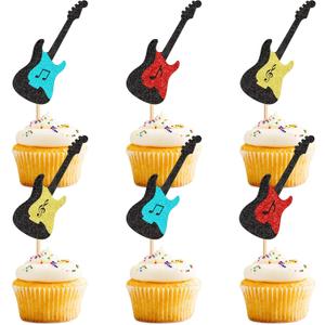 Ercadio 24PCS Guitar Cupcake Toppers Glitter Guitar Rock Music Cupcake Picks for Music Lover's Birthday Rock and Roll Party Decorations Guitar Theme Birthday Baby Shower Supplies (Blue)