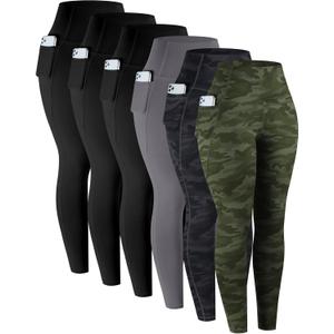 LZYVOO Leggings with Pockets for Women, 6 Packs Soft High Waisted Tummy Control Workout Yoga Pants (Large, Black,black,gray,camo Green,camo Gray)