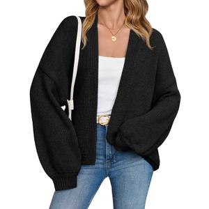 Saodimallsu Womens Open Front Cardigans Long Lantern Sleeve Oversized Chunky Knit Casual Fall Sweater Coat (Small, Black)