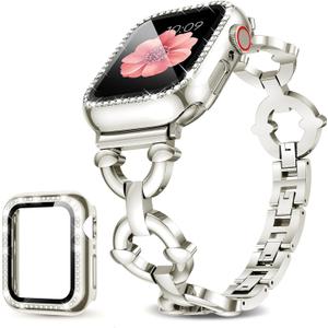 Mesime Compatible with Apple Watch Band 38mm 40mm 41mm 42mm 44mm 45mm 46mm, Women Bling Jewelry Bands with Tempered Glass Screen Protector Case, Shiny Strap for iWatch Series 11/10/9/8/7/6/5/4/3/2/1/SE