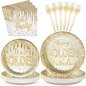 96Pcs Happy Golden Birthday Party Supplies 350GSM Gold Silver Diamond Paper Plates and Napkins Tableware Sets Golden Birthday Party Decorations for Women Men Anniversary Wedding Party Favors Serve 24