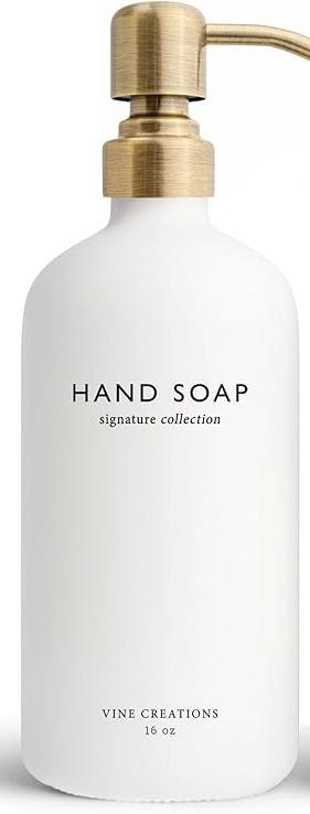 Vine Creations White Glass Soap Dispenser Set, Dish Soap and Hand Soap Dispenser Set with Stainless Steel Pump, 16 oz Glass Dispensers for Kitchen or Bathroom Decor (Matte White Bottle/Brushed Brass)