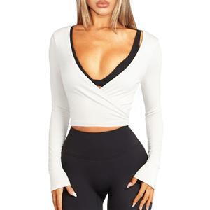 Navneet Women Long Sleeve Ballet Pilates Yoga Wrap Tie Front Tops Workout Gym Shirts Cardigan (Medium, White)