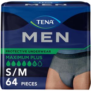 TENA Men Incontinence Underwear, Maximum Plus Absorbency, Adult Diapers, Small/Medium (Waist Sizes 34in-50in), 64 Count (4 packs of 16)