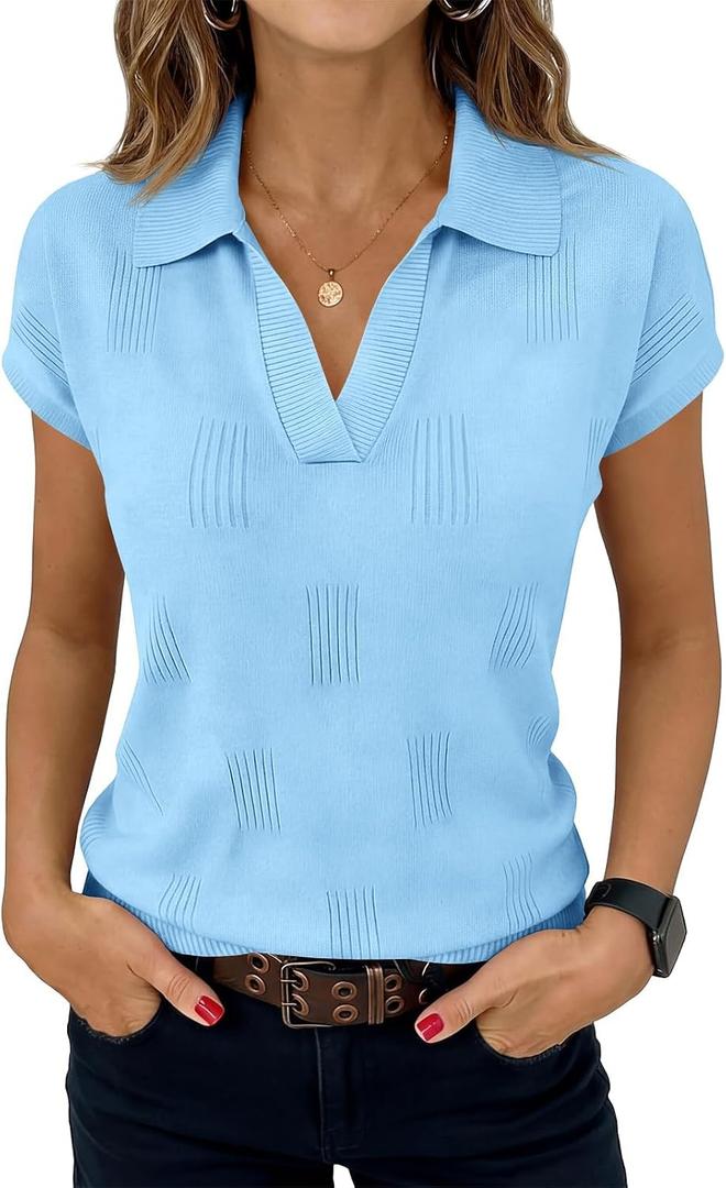 Saodimallsu Womens Short Sleeve Sweater Tops Solid Lapel V Neck Knit Shirt Summer Casual Basic Pullover (Blue, S)