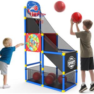 EagleStone 2-in-1 Kids Arcade Basketball Hoop with Dart Board,4 Balls Adjustable Height Basketball Toy Indoor Outdoor Carnival Games Gift for Boys Girls Toddlers Ages 3-12 Years Old,Pump Included