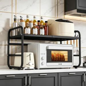 Microwave Stand Countertop, 2-Tier Expandable Kitchen Appliance Rack for Small Spaces & Tiny Kitchens, Heavy Duty Carbon Steel Organizer with Side Hooks for Microwave, Toaster & Spices, 14.5-21.6"*15.7"*13.7"