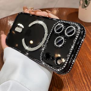 Magnetic Glitter Case for iPhone 17 Pro Max 6.9 [Compatible with MagSafe] [Built-in Lens Protector] Clear Sparkle Diamond Camera Protection Phone Case for iPhone 17 Pro Max Women Girls - Black
