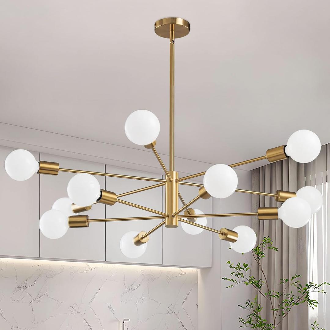 RUIYEY Modern Sputnik Chandeliers Light, 12-Light Gold Gold Dining Room Chandelier Over Table, Height Adjustable Industrial Semi Flush Mount Mid Century Chandelier for Kitchen Island Living Room