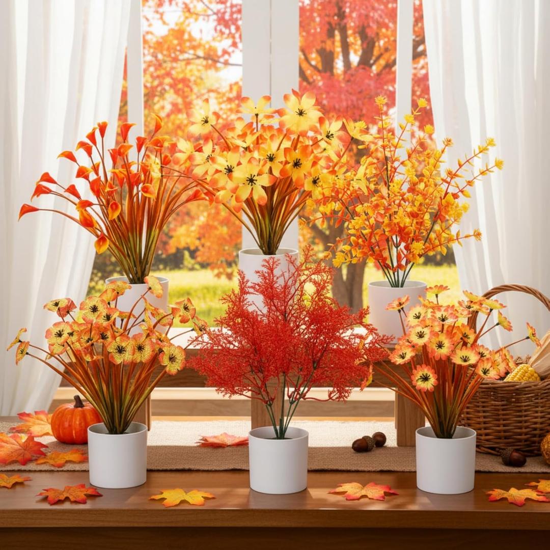 Chuangdi 6 Pcs Artificial Fall Thanksgiving Flowers in Vase 11.8 Inch Fall Thanksgiving Table Centerpieces Faux Potted Plant Fake Flowers in Pot Table Decor for Home Office Party Kitchen(Flower)