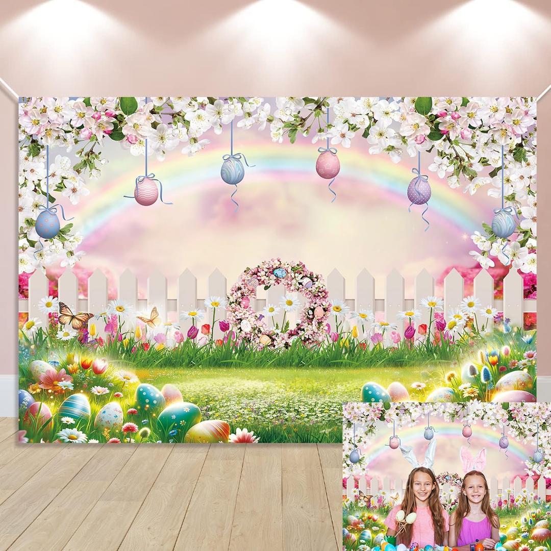 Spring Easter Backdrop Easter Eggs Fence Rainbow Floral Spring Garden Theme Photography Background Baby Shower Children Birthday Home Party Decorations (7x5FT)