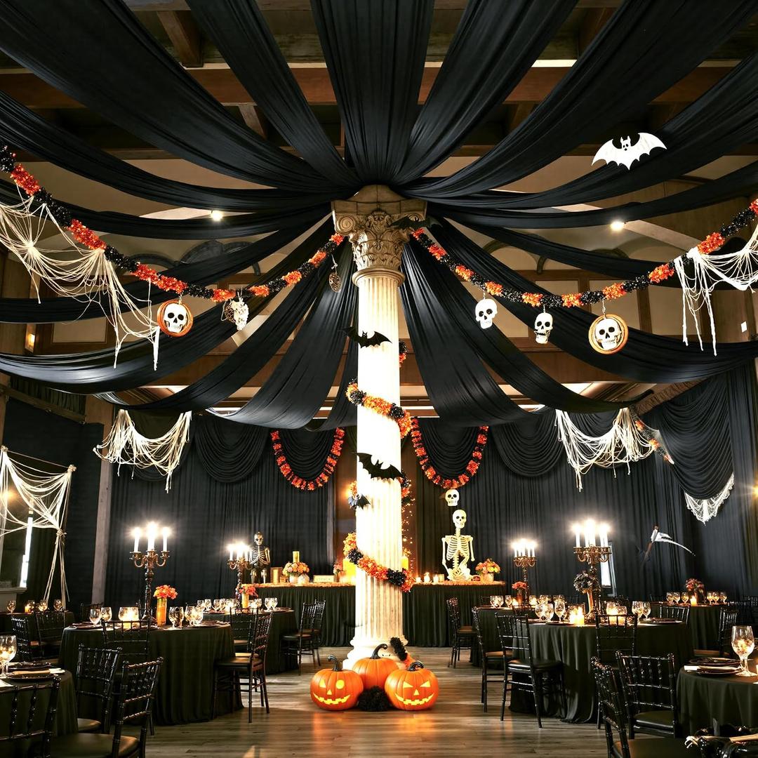 12 Panels 5ftx30ft Black Ceiling Drapes for Halloween Parties 30 FT Extra Long Thick Polyester Wrinkle-Free Drapery Tent Decor Decorations for Birthday Party Ceremony Stage Swag, 60"W x 360"L
