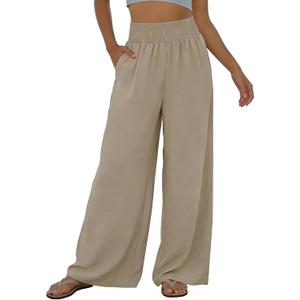 Women Linen Wide Leg Pants High Waisted Smocked Elastic Waist Palazzo Pants Lightweight Beach Travel Pants Apricot